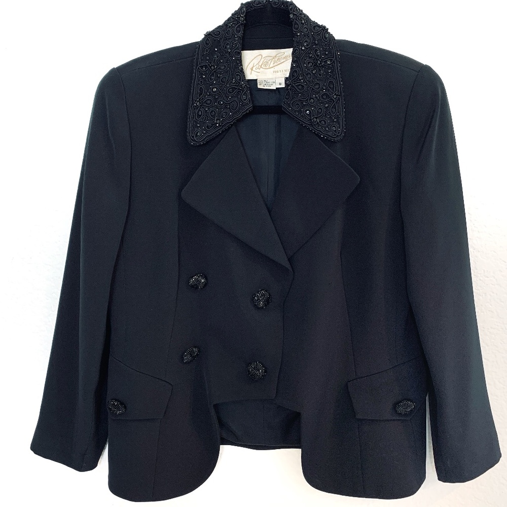 Rickie Freeman Womens Tuxedo Jacket Size 8 Black 100% Silk Beaded Elegant Party